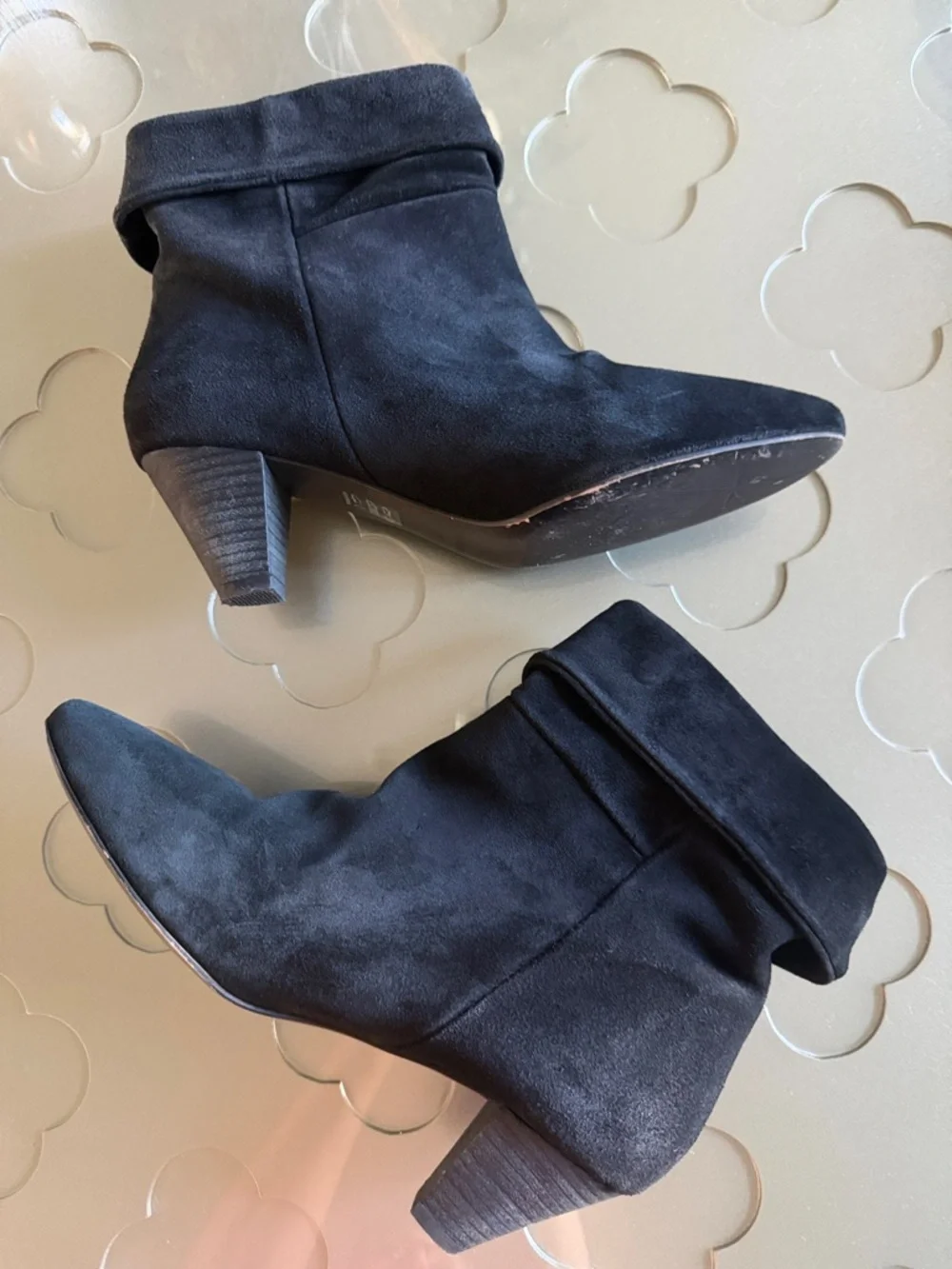 FREE PEOPLE Adella Foldover Suede Booties Black Pointed Toe Block Heel Size 8.5
